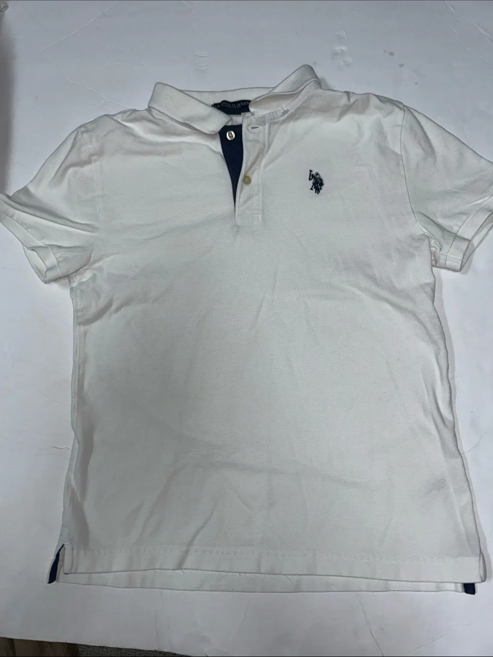 U.S. Polo Assn. Unisex White Polo with Navy Trim and Embroidered Logo Size 14/16